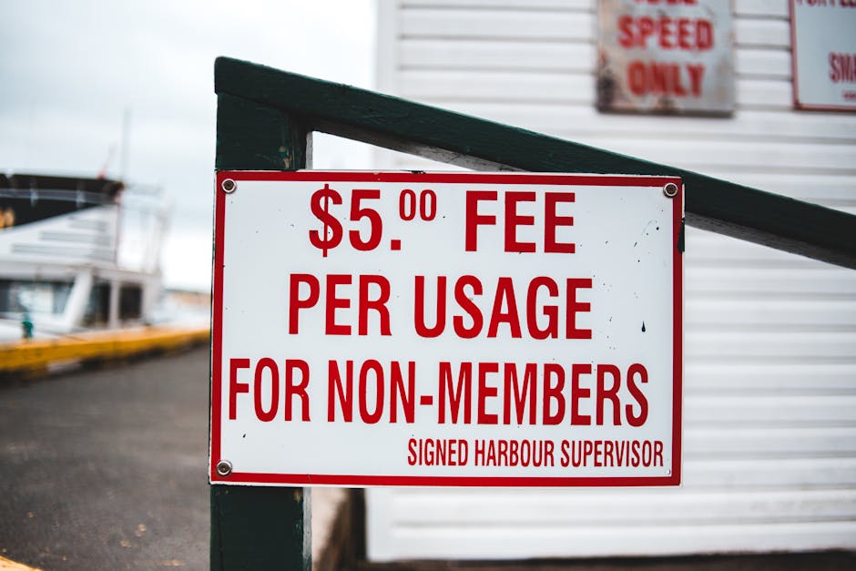 Close-up of a rectangular white sign with bold red lettering displaying a $5.00 fee per usage for non-members, mounted on a dark green metal frame near a harbor. In the background, there are boats doc