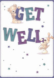 This get well card exudes playful optimism, its cheerful design brought to life by two lovable characters-a teddy bear and a puppy-who balance the large, vibrant letters of 'Get Well' with joyful ease. The bold indigo and teal hues of the text contrast stunningly against a gentle cream background, infusing the scene with refreshing vibrancy. Accents of blue and purple stars twinkle overhead, adding a touch of magic reminiscent of starlit strolls near Embankment Gardens. The fur of the bear and the puppy's floppy ears are illustrated with such inviting softness, you can almost feel their embrace. This card is much more than a message-it's a heartfelt boost of encouragement, making it the perfect gesture to brighten a friend's day as they recover somewhere in the Charing Cross neighbourhood.