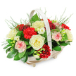 Shown here is a dignified funeral flower basket, the sort of gentle, respectful tribute many families choose for services in and around Charing Cross. The basket is light in tone, likely natural wood, with a shallow oval body resting on four small feet that lift it delicately from the surface. A matching arched handle rises gracefully over the arrangement, forming a soft frame that draws the eye to the flowers. Within the basket, the florist has created a dense, rounded mound of blooms that just begins to spill over the edges. Creamy white roses appear throughout, fully open, with their velvety petals unfolding in soft spirals that express purity, remembrance, and affection. Around them, clusters of deep red carnations contribute volume and texture; their ruffled, layered petals catch the light and give the arrangement a warm, yet solemn presence. Some carnations are soft pink or show white petals edged or streaked with pink and red, adding gentle variety and a tender, comforting feel. Between the larger blossoms, small white flowers-resembling freesias with their slender stems and bell-shaped florets-create points of brightness and a sense of airiness. The flowers are cradled in a frame of rich green foliage: broad, glossy leaves at the base provide structure, while delicate, feather-like fronds stretch upward, softening the outline and introducing a natural, garden-like movement. The clean, white background isolates and highlights the colours and shapes. Overall, this basket feels like a calm, considered expression of sympathy, suitable for placing at a funeral, memorial service, or wake in the Charing Cross area to honour a loved one with quiet elegance.
