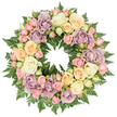 This image shows an elegant circular wreath, richly adorned with roses and lush greenery, centred against a pure white background so that the eye is drawn entirely to its colours and shapes. The wreath is constructed as a continuous, unbroken ring, often chosen for funerals and memorials in the Charing Cross area to symbolise eternity and the lasting nature of love. The main flowers are roses in soft pastel tones: creamy white and ivory at the core, blending into blush pink, pale peach, and buttery shades, with distinctive dusty lavender blooms adding depth and a slightly antique character. Some roses are fully open, their many layers of petals forming wide, cupped faces, while others are partially opened or still in bud, offering variety and texture. Nestled among the flowers, slender fern fronds and fine foliage curl and fan outward, their deep green colour providing a rich contrast that enhances the delicacy of the pastel petals. The lighting is even and gentle, similar to the calm glow of indoor light in memorial chapels, hotels, or reception rooms near the Strand and Embankment. Crafted with the care you would expect from a central London florist such as Flower Delivery Charing Cross, this wreath is clearly intended as a sympathy tribute. Its harmonious colour palette, full form, and soft textures make it an appropriate choice for honouring a life at funerals, wakes, and remembrance ceremonies throughout the Charing Cross and Westminster area.