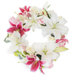 Crafted with care by Charing Cross's skilled florists, this exquisite funeral wreath offers a poignant blend of serenity and color. Pristine white lilies, their broad, trumpet-shaped petals spread wide, radiate peace and hope, forming the heart of a continuous, circular tribute. Vivid stargazer lilies in deep fuchsia hover throughout, their striking tones and speckled detail drawing the eye and infusing the arrangement with a sense of love remembered. Tucked among the lilies, blush-pink and creamy white roses add romance and gentle comfort, their velvety petals curled in buds or layered open. Minimalist green foliage, perhaps eucalyptus, brings just enough structure and depth-recalling the peaceful parks and riverside calm of Charing Cross. Each bloom is softly lit, the arrangement luminous and prominent against its crisp white backdrop. This wreath sits as a fitting memorial for services at local chapels, a thoughtful condolence for families around the Strand, or an elegant celebration of life delivered with sensitivity throughout Charing Cross. It offers not just floral beauty but a heartfelt symbol of unity, remembrance, and supportive care from your neighborhood florist.