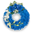 A dignified circular funeral wreath shown against a clean white backdrop, its body formed from a dense, continuous ring of small, electric royal-blue chrysanthemums that give the piece a plush, almost velvety texture. The inner edge is neatly finished with a ruffled white satin ribbon, framing the open centre with a crisp, formal line. At the very top, three large royal-blue roses unfurl in full bloom, their velveteen petals catching soft, even light and drawing the eye upward; they are gently surrounded by sprays of tiny pure-white baby's breath and a few deep green leaves that temper the intensity of the blues. From the left-hand side, a graceful cascade of pristine white orchids - Phalaenopsis or Dendrobium-style blooms with broad, delicate petals - arcs downward, the orchids' cool porcelain surfaces contrasting with the rich chrysanthemum mass. Interlaced with the orchids a slender, curving stem carries pale yellow-green buds, a subtle note of tender renewal amid the arrangement's solemn tone. The overall palette reads as a composed conversation between vibrant blue and quiet white, intended to convey peace, remembrance, and lasting respect. Subtle floral notes - a clean, green scent from the foliage and the faint sweetness of fresh blossoms - would be present in a softly lit chapel or a quiet corner near Charing Cross station or the Embankment. The wreath's craftsmanship is careful and balanced, each flower placed to preserve circular unity while allowing the orchid spray and rose cluster to become an emotive focal point suitable for memorial services and sympathy tributes in the local community.